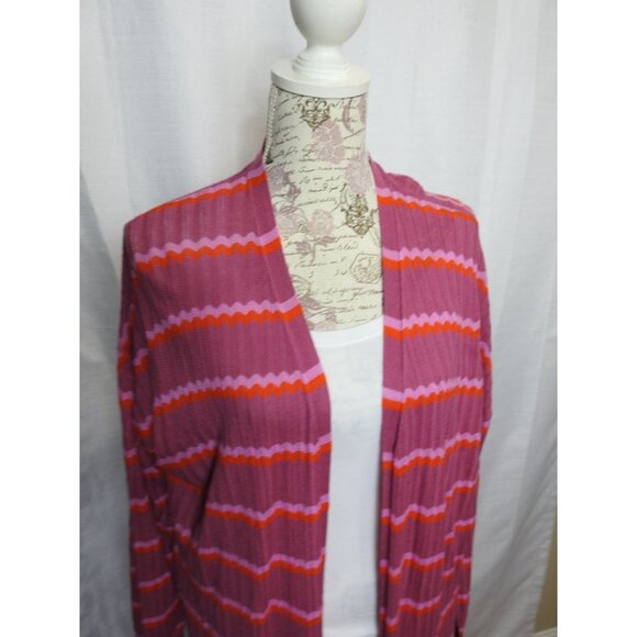 Ann Taylor Loft Open Front Knit Cardigan Duster Sweater Pink Red Striped Sz XL - Picture 3 of 9